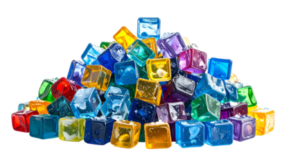 A vibrant pile of colorful, translucent cubes against a stark black background