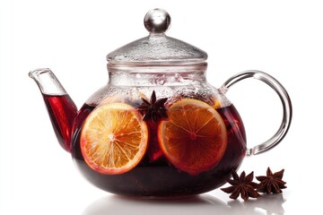 Hot mulled wine with orange and star anise in glass teapot isolated on white background