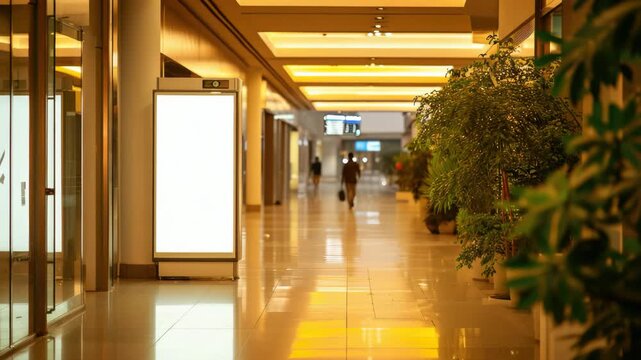 A long empty mall corridor with shiny floors and illuminated ceilings.