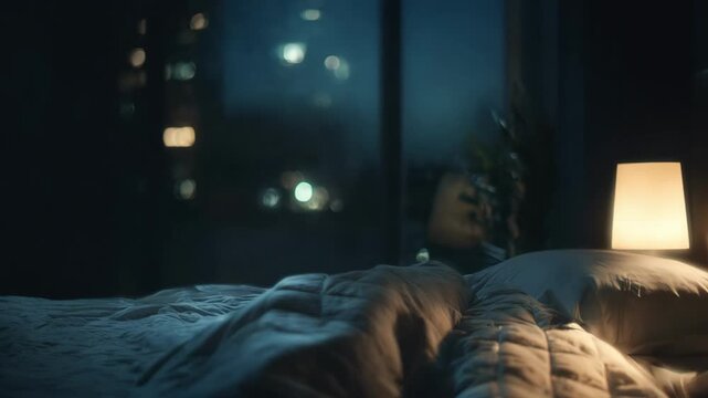 Medium shot of cozy bed with temperature responsive sheets that cool and warm naturally highlighting smart textile technology for personalized comfort.