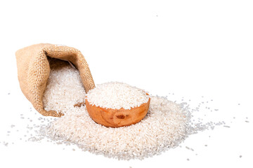 rice in a wooden bowl and burlap sack isolated on transparent background