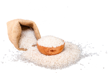 rice in a wooden bowl and burlap sack isolated on transparent background