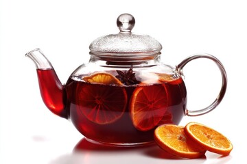 Glass teapot with red fruit tea, orange and star anise, isolated on white