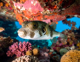 Close-up of a pufferfish in its underwater habitat, showcasing its unique features amidst coral and vibrant marine life