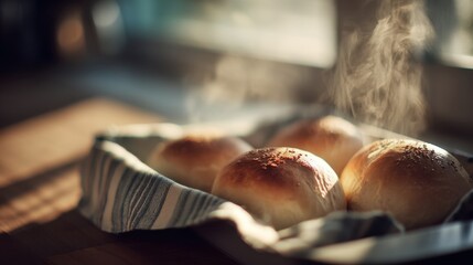 Freshly Baked Soft Bread Rolls with Steam Rising on a Wooden Table in a Cozy Kitchen Setting