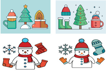 Christmas greeting card featuring a cute snowman in winter snow with festive trees gifts and holiday decorations in cheerful cartoon vector style.