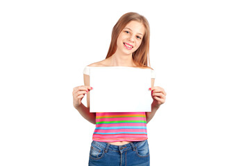 Fototapeta premium Happy girl holding blank poster mockup