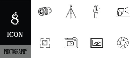 Fototapeta premium Set of black photography icons featuring camera equipment and accessories isolated on a white background for graphic design.