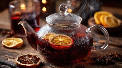 Steaming hot tea with orange slices and spices in a glass teapot on a rustic table