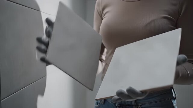 Woman evaluating two glossy tiles in a modern bathroom setting, showcasing the decision-making process in interior design with a focus on aesthetics
