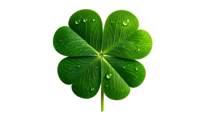 Vivid, isolated four-leaf clover, detailed veins, water droplets, and dark backdrop