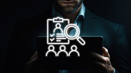Business professional in suit holds tablet with glowing icon (clipboard, person checklist, magnifying glass, multiple people). Concept of recruitment, candidate screening, hiring, human resource