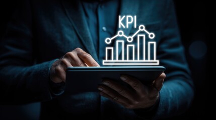 Business professional in suit holds tablet, touching screen with glowing KPI icon (bar graph, line chart) over display. Concept of performance metric, business analysis, goal tracking