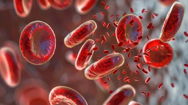 A high-resolution depicting red blood cells filled with hemoglobin against a microscopic background.