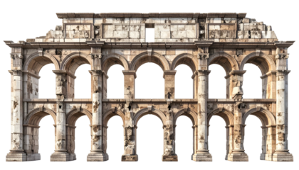 Ruined stone arched structure with columns, weathered facade and intricate carvings