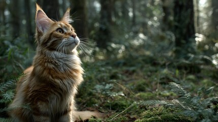 Obraz premium Large orange cat sits quietly in the forest, observing its surroundings among the green plants during the afternoon light
