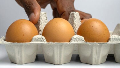 Close-up of a hand gently reaching for a fresh, brown egg nestled in a cardboard carton among others. The setting is bright, highlighting the eggs