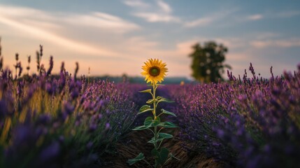 Fototapeta premium Beautiful sunflower standing alone among vibrant lavender fields during sunset, creating a stunning nature scene