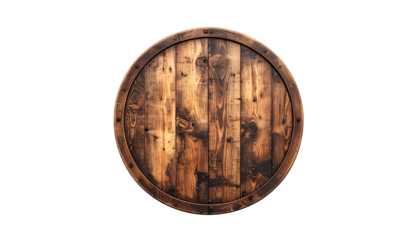 Overhead view of a wooden barrel lid with visible grain and aged aesthetic against black
