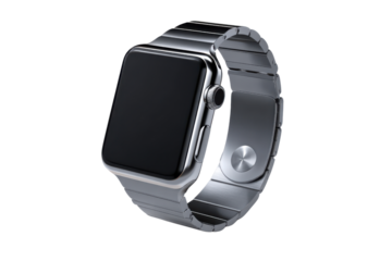 Silver smart watch with metal band on black background technology electronic, Png, Isolated on Transparent Background, Cut Out