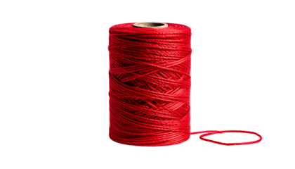 A tightly wound spool of vibrant red thread with a loop extending from the base