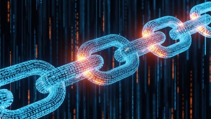 Digital chain links with binary code pattern against a dark blue background with vertical light streaks