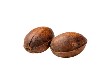 Obraz premium Two whole pecan nuts with brown textured shells on black background food ingredient, Png, Isolated on Transparent Background, Cut Out