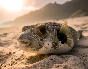 Close-up of a pufferfish on a sandy beach, with a blurred background of mountains and a sunlit sky