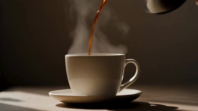Steaming cup of coffee being poured from a coffee pot, with soft lighting and shadows creating a warm atmosphere