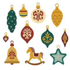 Retro toys for Christmas tree. Set with Victorian Christmas toys.