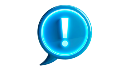 A vibrant, neon blue speech bubble, radiating a soft glow against a stark black background, highlighting a white exclamation mark