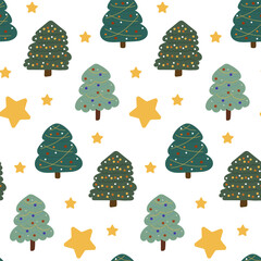 Seamless pattern with Christmas tree and stars.