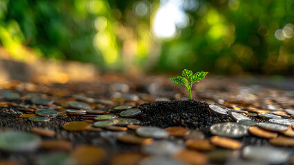 Symbolic image of a sapling growing from soil over coins with sunlight, representing wealth creation and sustainable growth