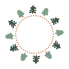 Round frame with Christmas trees. Copy space for Christmas card.