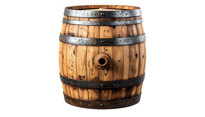 Obraz premium An upright wooden barrel with dark metal hoops and a tap, set against a black background