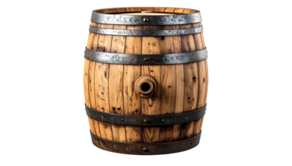 An upright wooden barrel with dark metal hoops and a tap, set against a black background