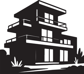 Modern Multi-Story House Silhouette with Balconies and Glass Windows