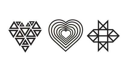 Geometric Hearts and Symbol: The image features a set of black geometric heart designs and cross-like symbols. These are artfully crafted from a series of triangles and lines.