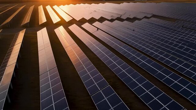 Aerial view of solar panels in a vast field during sunset, showcasing rows of solar cells reflecting sunlight