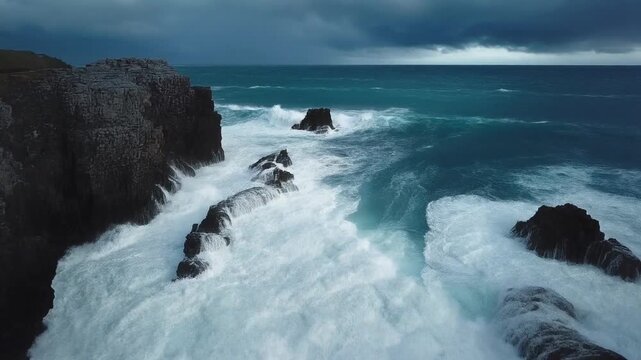 Dramatic ocean waves crashing against rugged rocky coastline