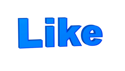 A 3D blue word, "Like," pops against a stark black background. The letters have a slight shadow, enhancing the visual effect. This rendering creates a simple yet impactful message