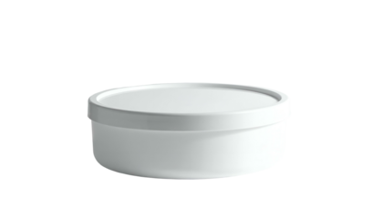 A 3D render of a small, round, plain white container with a matching lid, set against a stark black background