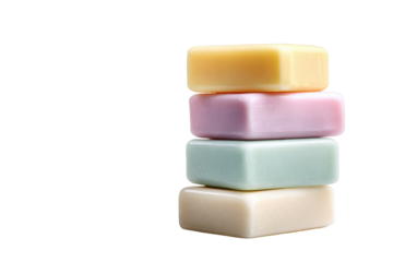 Stack of four rectangular pastel colored soap bars on black background yellow, Png, Isolated on Transparent Background, Cut Out