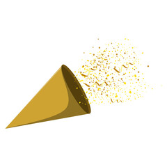 A flat illustration of a golden party favor cone exploding with confetti