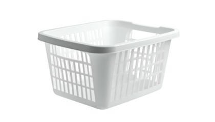 A white, rectangular, plastic laundry basket sits against a black background. It has a perforated design and a handle