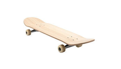 A 3D render of a wooden skateboard, slightly angled. It has four wheels and metallic hardware, isolated against a black background
