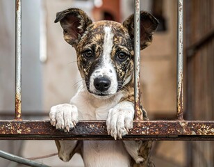 Close-up of a puppy's face looking inquisitively through rusty metal bars, with a mottled coat and brown eyes