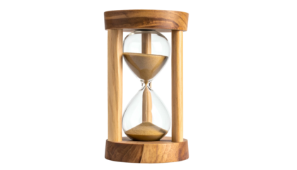 An hourglass with sand flowing through a clear glass bulb, held in a wooden frame