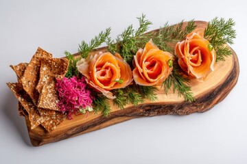 Gourmet salmon roses appetizer with dill and crackers, isolated on white background