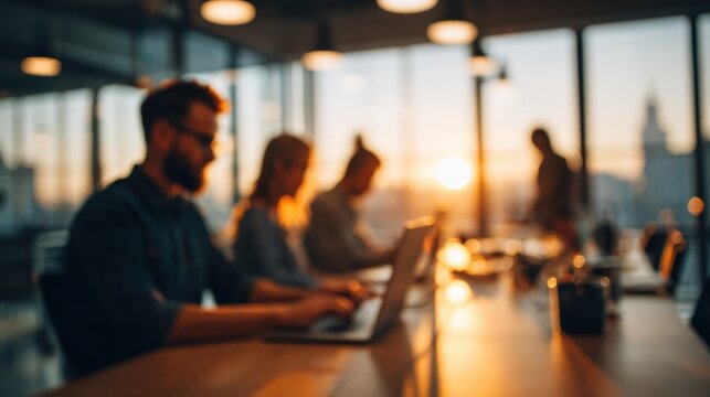 Bright office space coworker laptop sunset blurred background teamwork